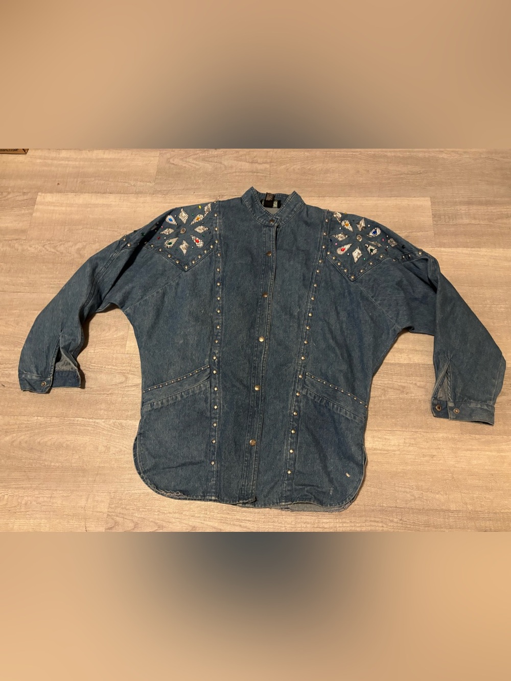 VTG Syrelle Womens 12 Blue Denim Studded Beaded Button Up Western Rodeo Cowgirl